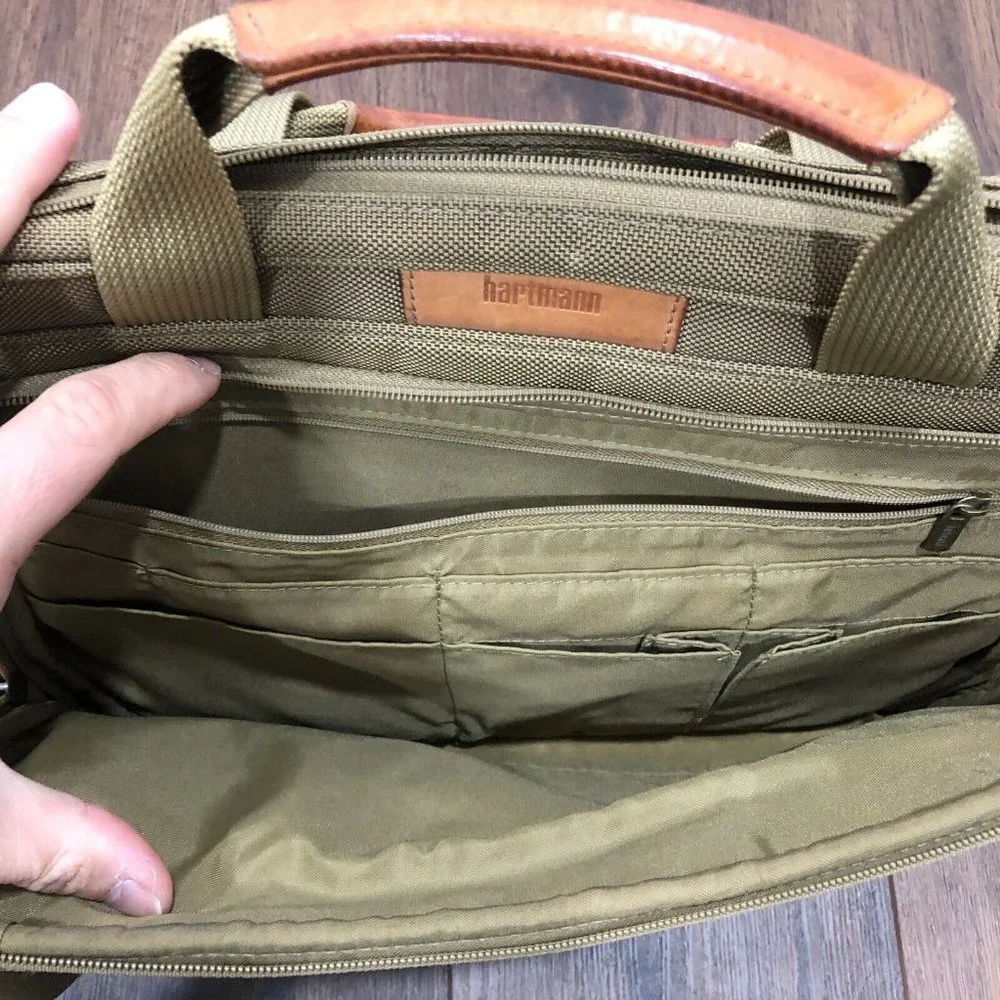 Hartmann Laptop Bag Nylon Tan Brown Leather Trim Shoulder Strap Crossbody